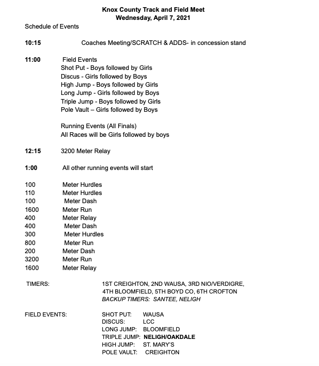 Knox County Invite Schedule